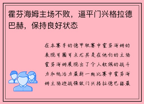 霍芬海姆主场不败，逼平门兴格拉德巴赫，保持良好状态