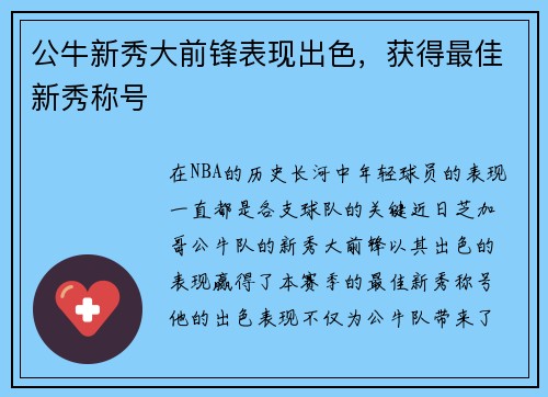 公牛新秀大前锋表现出色，获得最佳新秀称号